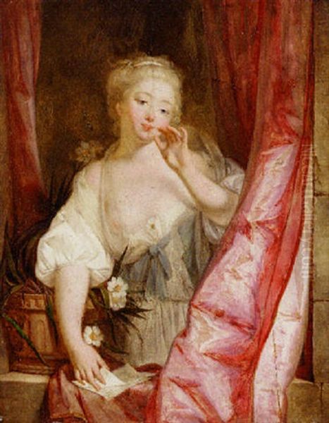 Le Baiser Envoye: A Lady En Deshabille Holding A Letter At A Window Oil Painting by Jean Baptiste Greuze