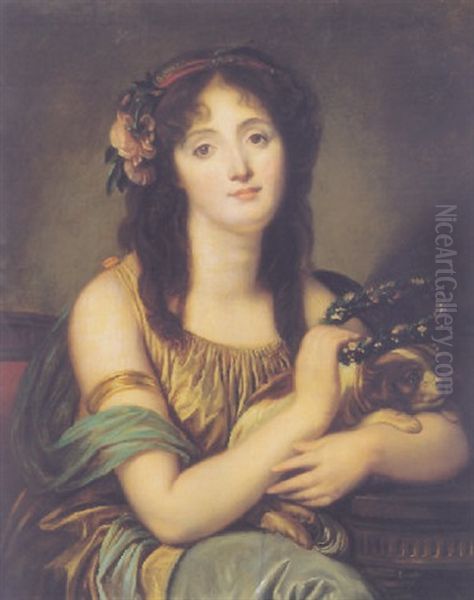 Portrait Of A Young Girl Crowning A Dog Oil Painting by Jean Baptiste Greuze