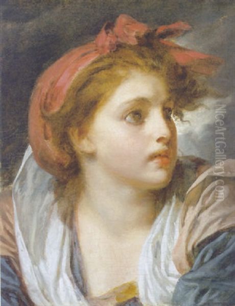 A Girl Wearing A Red Headscarf Oil Painting by Jean Baptiste Greuze