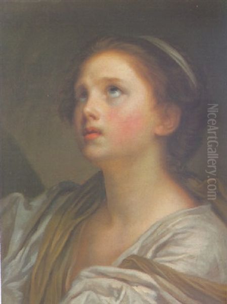 Portrait Of A Young Girl, Dressed In White And Draped With A Pale Green Scarf Oil Painting by Jean Baptiste Greuze