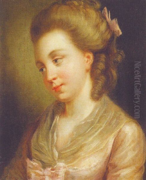 Portrait Of A Lady In A White Dress With A Pink Ribbon by Jean Baptiste Greuze