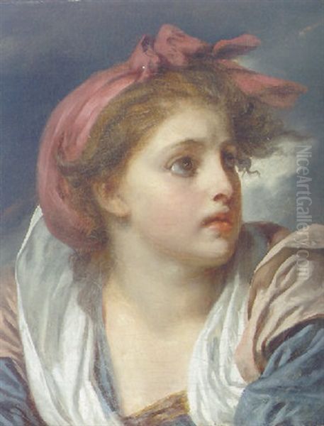 A Girl Wearing A Red Headscarf Oil Painting by Jean Baptiste Greuze