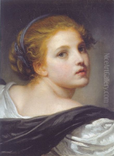 A Girl With A Blue Ribbon In Her Hair Oil Painting by Jean Baptiste Greuze