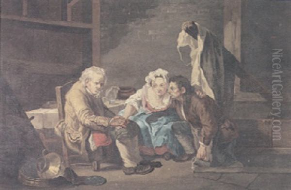 An Interior Scene With An Old Man And A Young Couple Oil Painting by Jean Baptiste Greuze