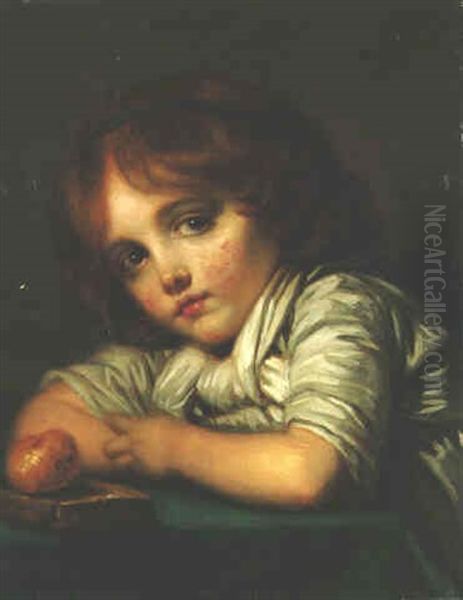 A Young Girl Leaning On A Table With An Apple Oil Painting by Jean Baptiste Greuze