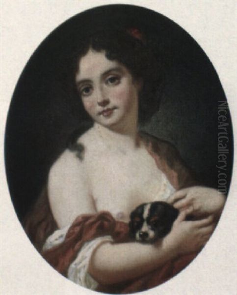 Portrait Of A Girl Holding A Dog Oil Painting by Jean Baptiste Greuze