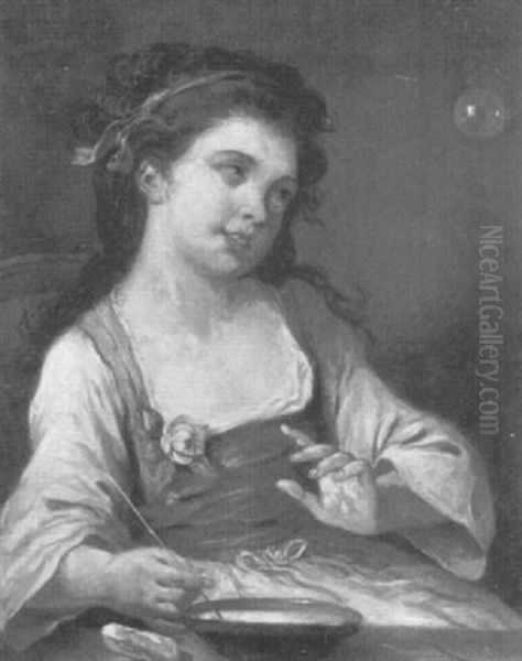 A Young Girl Blowing Bubbles Oil Painting by Jean Baptiste Greuze