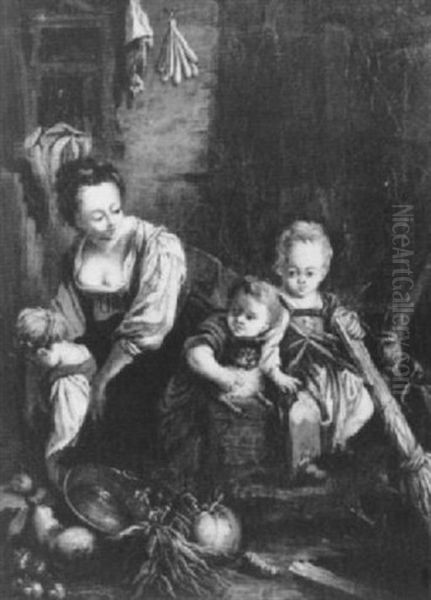 A Mother With Her Three Children                            In A Larder Oil Painting by Jean Baptiste Greuze