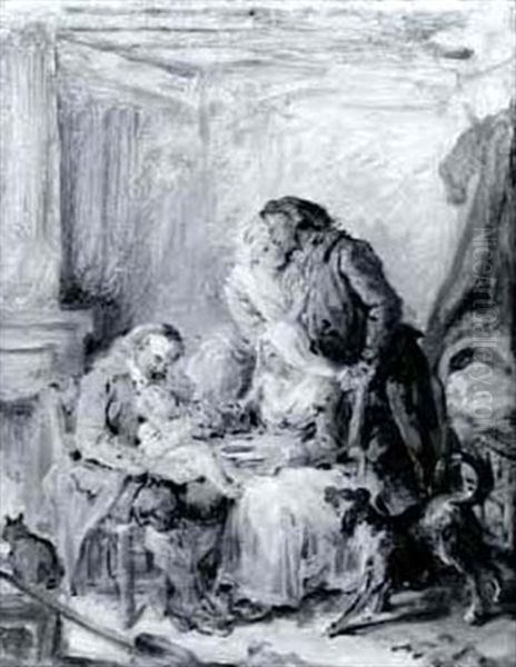 Grandparents Holding Their Grandchild, The Proud Parents    Looking On: A Sketch Oil Painting by Jean Baptiste Greuze