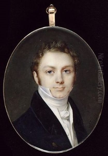 A Gentleman, Wearing Dark Blue Coat With Black Collar, White Waistcoat And Stock Oil Painting by Pierre-Louis (Henri) Grevedon