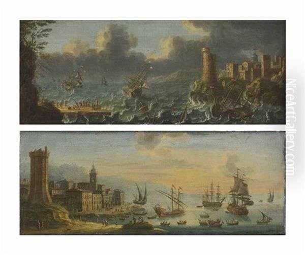 A Capriccio View With A Galleon And Various Vessels At Sunset; And A Rocky Inlet With Ships In Stormy Waters, A Shipwreck In The Foreground Oil Painting by Charles-Leopold Grevenbroeck