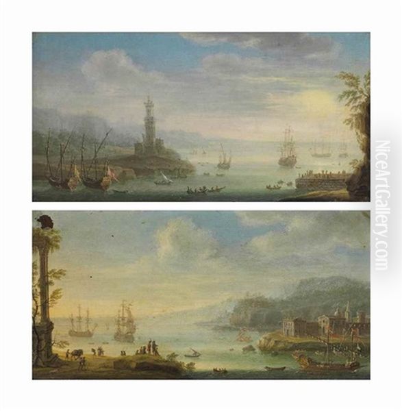 An Italianate Harbor With A Barge, Men-o'-war And Other Shipping, A Walled Town Beyond; And An Italianate Harbor With Men-o'-war And Other Shipping Oil Painting by Charles-Leopold Grevenbroeck