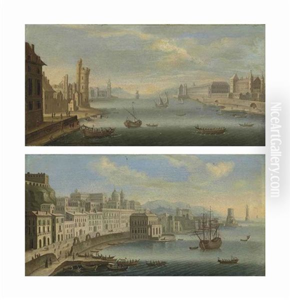 A View Of The Riviera Di Chiaia, Naples, With The Palazzo Reale, San Vincenzo And A View Of The Seine, Paris, With The Tour De Nesle (a Pair) Oil Painting by Charles-Leopold Grevenbroeck