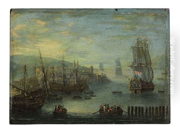 A Port With Moored Ships, Rowboats And A Man-of-war Oil Painting by Charles-Leopold Grevenbroeck