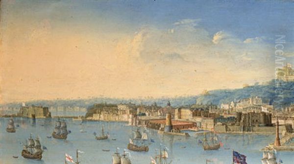 A View Of Naples From The Sea With A British Man-o-war Firng A Salute Oil Painting by Charles-Leopold Grevenbroeck