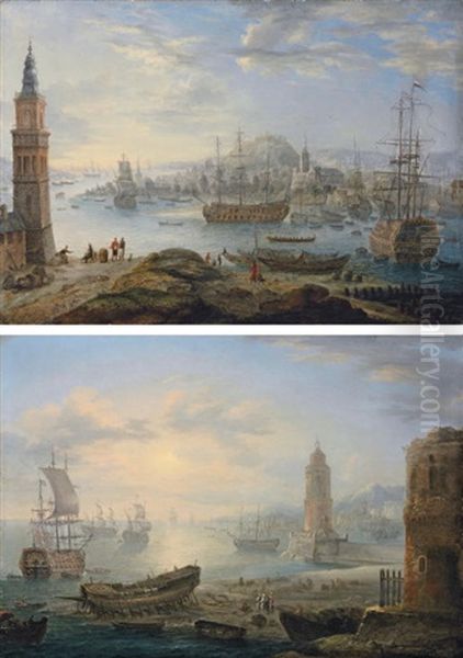 A Busy Port With Three-masters (+ A Coastal Inlet With Three-masters And Other Boats; Pair) Oil Painting by Charles-Leopold Grevenbroeck