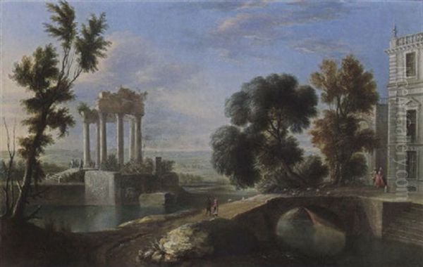 An Imaginary Classical Landscape With Shepherds And Their Flock On A Bridge, And An Elegant Couple Near A Palace Oil Painting by Charles-Leopold Grevenbroeck