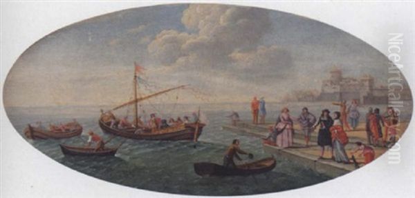 A Coastal Scene With Figures On A Quay And Small Vessels Oil Painting by Charles-Leopold Grevenbroeck