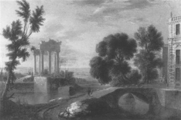 Paysage Avec Ruines Et Palais Anime De Personnages Oil Painting by Charles-Leopold Grevenbroeck