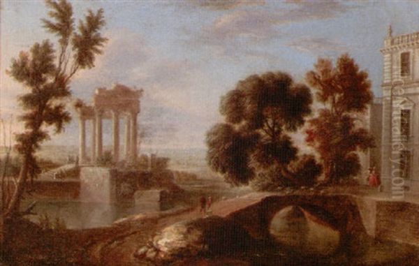 The Grounds Of A Palace With Elegant Figures Promenading, A Flock Of Sheep Being Driven Over A Bridge, Ruins Beyond Oil Painting by Charles-Leopold Grevenbroeck