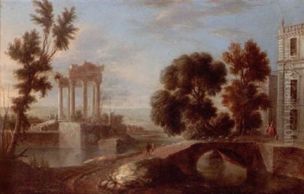 The Grounds Of A Palace With Elegant Figures Promenading, A Flock Of Sheep Being Driven Over A Bridge, Ruins Beyond Oil Painting by Charles-Leopold Grevenbroeck