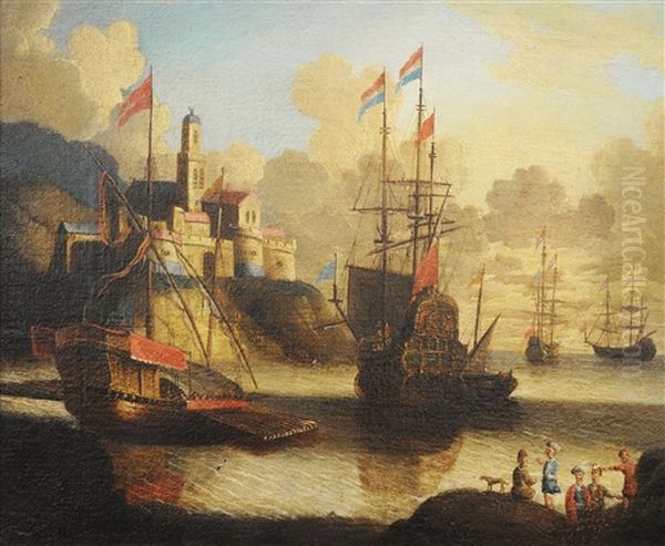 Scene De Port Animee - Oil On Canvas Marouflee Sur Toile Oil Painting by Orazio Grevenbroeck