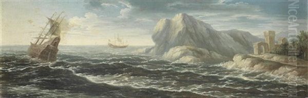 Shipping In Choppy Waters Off A Rocky Coastline Oil Painting by Orazio Grevenbroeck