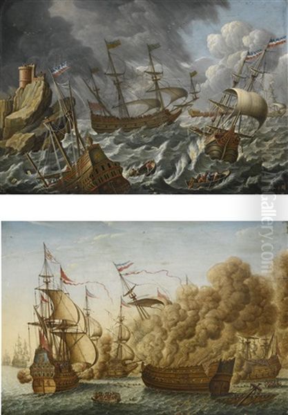 Shipping Vessels In A Storm; War Ships In A Calm Sea (pair) by Orazio Grevenbroeck