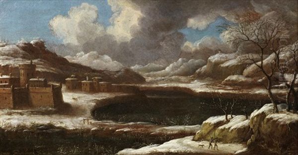 A Winter Landscape With Huntsmen And Their Dog In The Foreground Oil Painting by Orazio Grevenbroeck