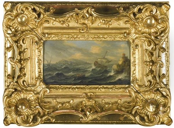 Stormy Marine Landscape With A Ship And Lighthouse; River Landscape With A Sailing Boat And Ruins (2 Works) Oil Painting by Orazio Grevenbroeck