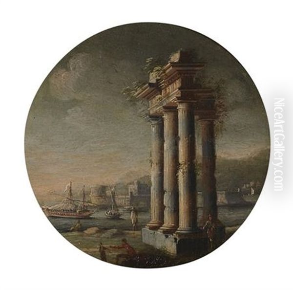 A Capriccio Scene With Boats Entering A Harbour Past Ruined Colonnade; And Companion Piece (2 Works) Oil Painting by Orazio Grevenbroeck