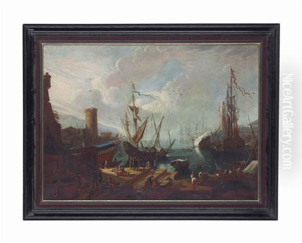 A Mediterranean Harbour With Figures Conversing And Playing Cards In The Foreground, Others Unloading Ships, And Men-of-war By A Fortress On The Docks Oil Painting by Orazio Grevenbroeck