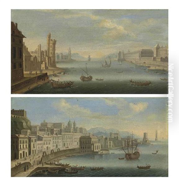 A View Of The Riviera Di Chiaia, Naples, With The Palazzo Reale, San Vincenzo...(+ A View Of The Seine, Paris, With The Tour De Nesle...; Pair) Oil Painting by Orazio Grevenbroeck