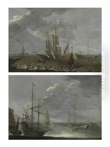 Shipping In A Fresh Breeze (+ A Kaag And Other Shipping Offshore In Calm Waters; Pair) Oil Painting by Orazio Grevenbroeck