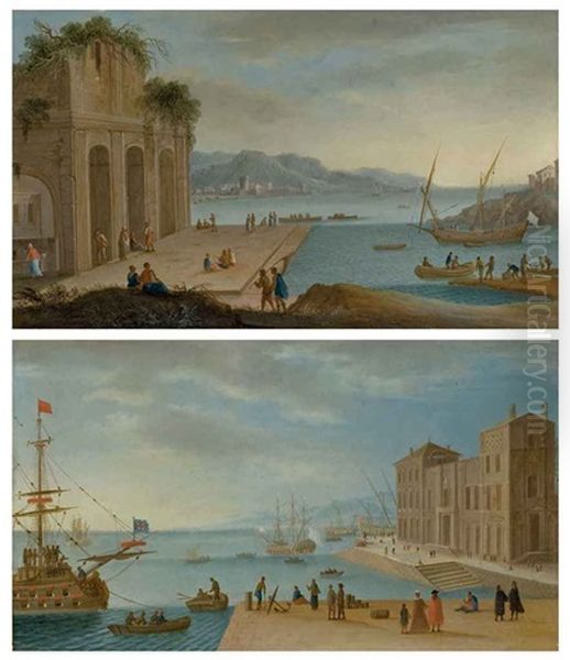 Deux Ports Italianisants Au Lever Et Au Coucher Du Soleil (pair) Oil Painting by Orazio Grevenbroeck