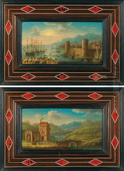 Trois Voiliers Dans La Rade D'un Port De La Mediterranee (malta?) (+ Vue Des Vignobles Dans La Campagne Maltaise Au Moment Des Vendanges; Pair) Oil Painting by Orazio Grevenbroeck