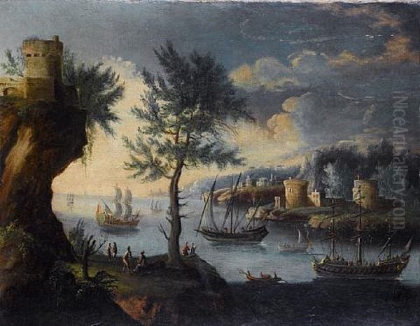 A Coastal Inlet With Shipping At Anchor (+ A Rocky Coastline With Shipping At Anchor Beyond; Pair) Oil Painting by Orazio Grevenbroeck