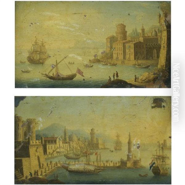 A Capriccio Costal View Of A Mediterranean Town With A Ship Moored Offshore (+ A Capriccio Of A Mediterranean Harbour Scene; Pair) Oil Painting by Orazio Grevenbroeck