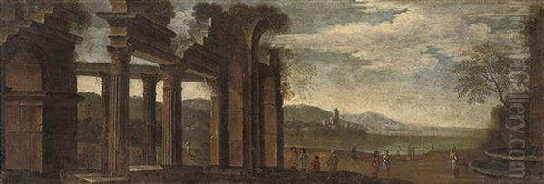 A Capriccio Of Classical Ruins By A Mediterranean Harbour With Figures In The Foreground Oil Painting by Orazio Grevenbroeck