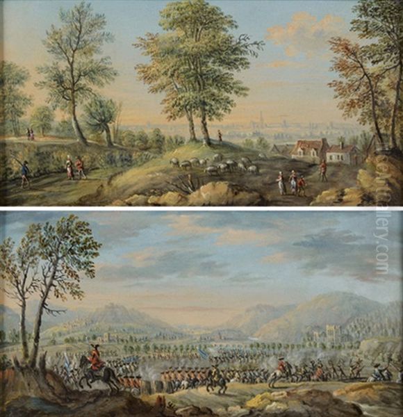 Scene De Bataille (+ Promeneurs Sur Un Chemin; Pair) Oil Painting by Orazio Grevenbroeck