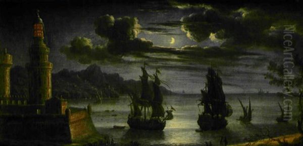 La Caduta Di Troia (+ Notturno Con Velieri Davanti A Una Faro; 2 Works) Oil Painting by Orazio Grevenbroeck