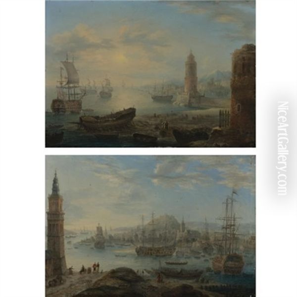 Views Of Mediteranean Port Capriccios With Men-o'war And Oriental Figures (pair) Oil Painting by Orazio Grevenbroeck