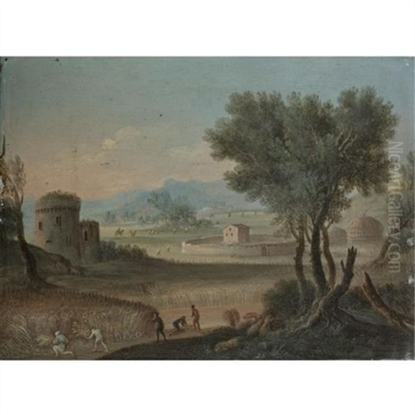 A Landscape, With Harvesters In The Foreground A Farm Beyond Oil Painting by Orazio Grevenbroeck