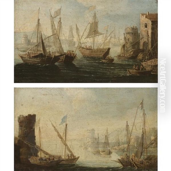 Mediterranean Harbour Scenes (+ Another, Similar; Pair) Oil Painting by Orazio Grevenbroeck