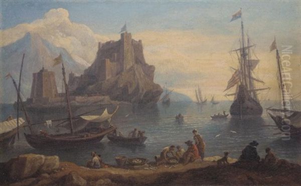 A Mediterranean Harbour Scene With Fishermen Selling Their Catch And Ships At Harbour Beyond Oil Painting by Orazio Grevenbroeck