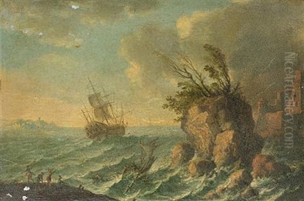 Shipping Foundering In Rough Seas Off A Rocky Coastline Oil Painting by Orazio Grevenbroeck