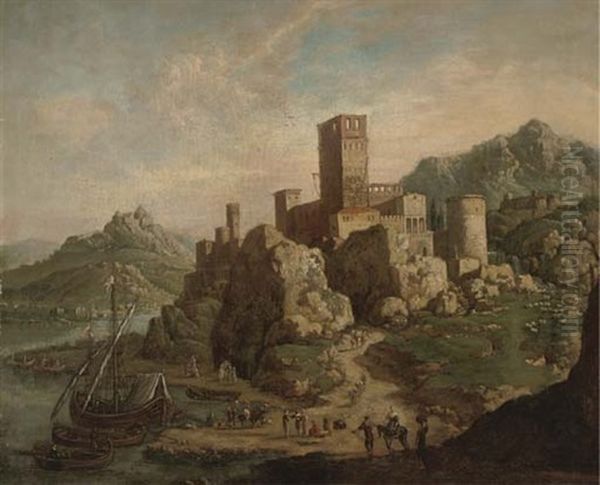 A Capriccio Of A Mediterranean Coastal Inlet With Shipping, A Fortified Hilltop Town Beyond Oil Painting by Orazio Grevenbroeck