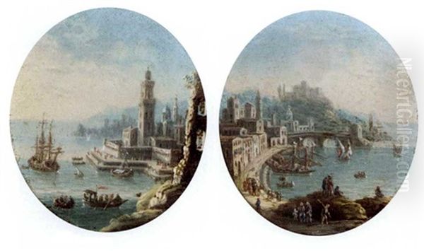 Mediterranean Harbour Capriccio's (pair) Oil Painting by Orazio Grevenbroeck