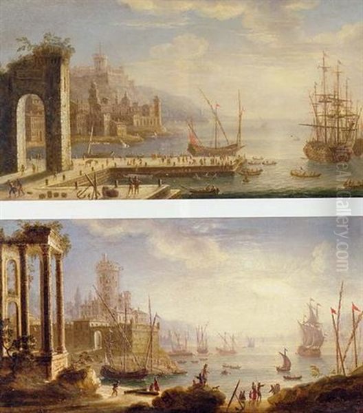 Mediterranean Port Scene With Classical Ruins Oil Painting by Orazio Grevenbroeck