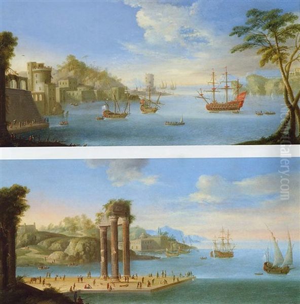 Vue D'un Port Mediterraneen, Anime De Nombreux Personnages Avec Navires De Haut Bord En Rade Oil Painting by Orazio Grevenbroeck